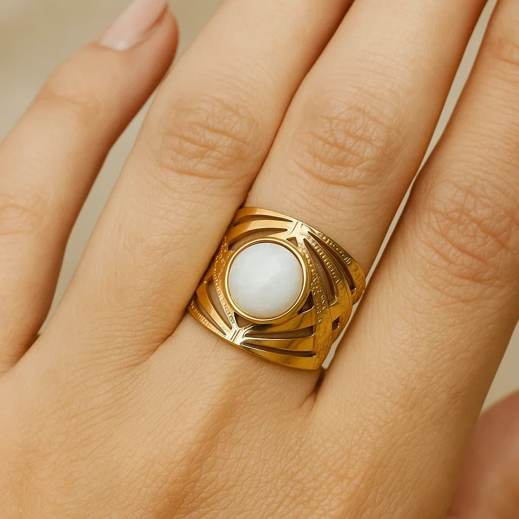 Perline blanche - Bague en acier inoxydable